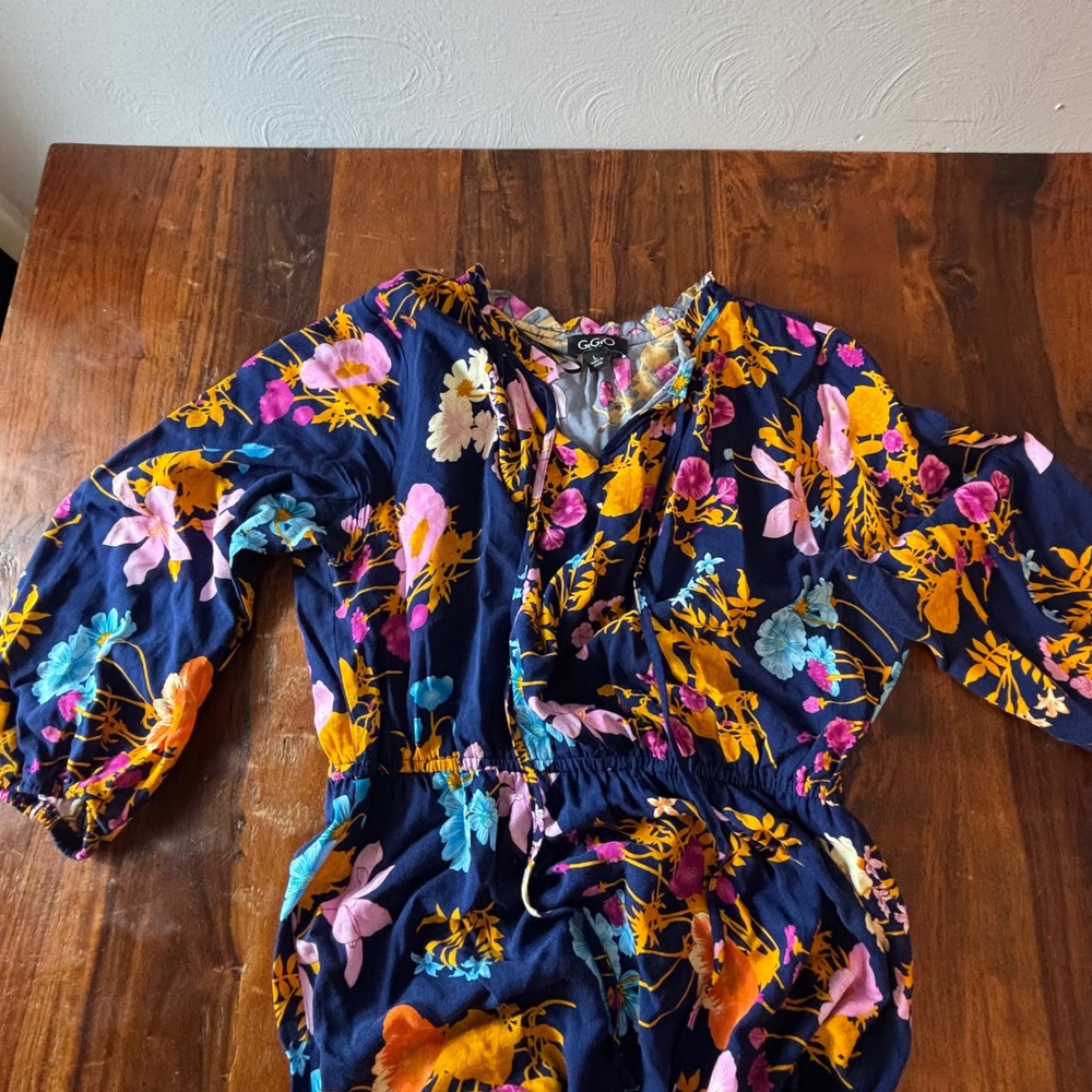 GIGIO Navy Blue Floral Boho High-Low Midi Dress Tie Neck 3/4 Sleeve Womens Large - Picture 8 of 10